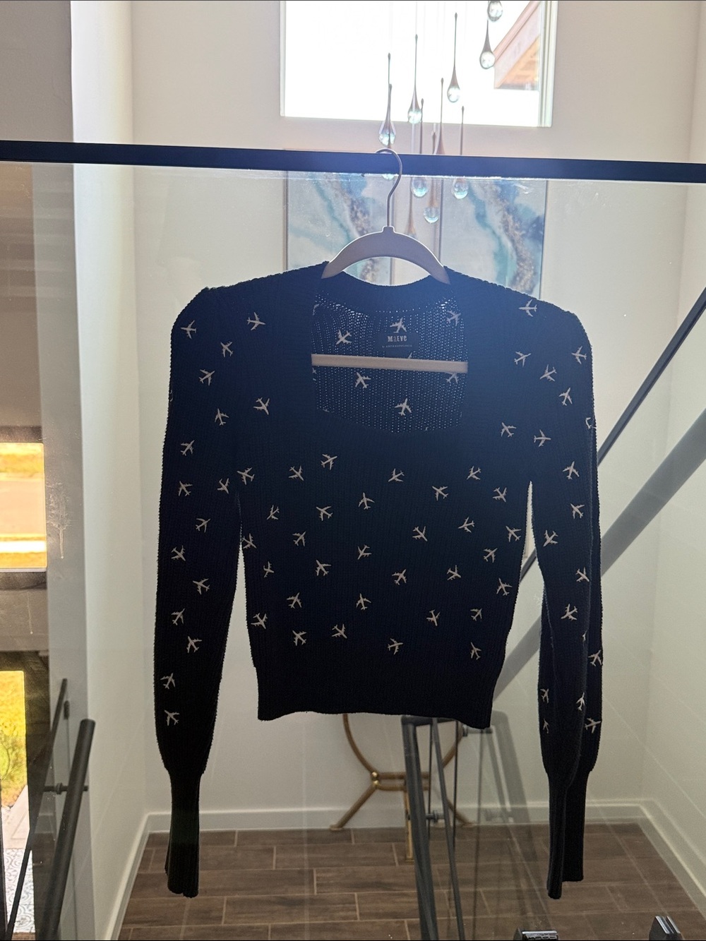Anthropologie Maeve Black Knit Sweater with White Airplane Motif